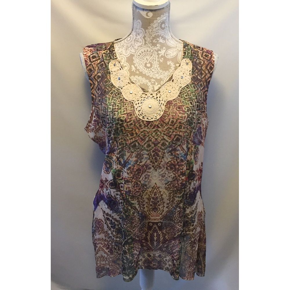 Style & Co. Womens Top Size M Sleeveless Crochet Neck Shark-bite Hem Bohemian‎